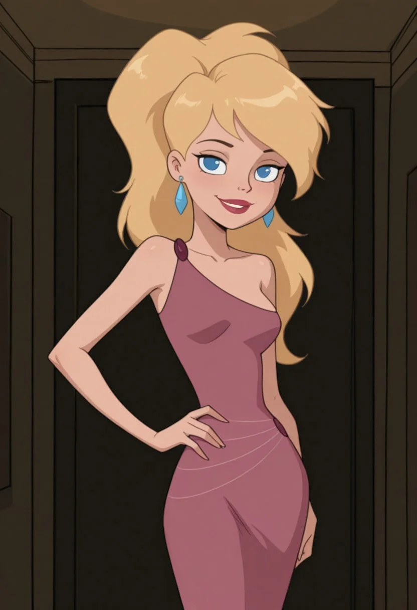masterpiece, best quality, amazing quality, very aesthetic, absurdres, newest, 1girl, solo, indoors, looking at viewer, RS2SDXL, Human Female, Blue Eyes, Blonde Hair, Long Hair, Lips, Red Lips, Lips, Red Lips, Blue Eyes, Formal Outfit, Pink Dress, Single-Shoulder Dress, Big Ponytail, Blue Earrings, Long Earrings, cowboy shot, hand on hip, smile