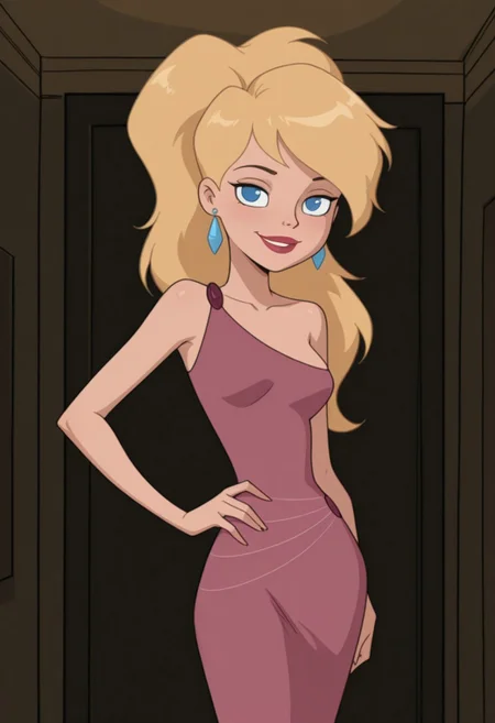 masterpiece, best quality, amazing quality, very aesthetic, absurdres, newest, 1girl, solo, indoors, looking at viewer, RS2SDXL, Human Female, Blue Eyes, Blonde Hair, Long Hair, Lips, Red Lips, Lips, Red Lips, Blue Eyes, Formal Outfit, Pink Dress, Single-Shoulder Dress, Big Ponytail, Blue Earrings, Long Earrings, cowboy shot, hand on hip, smile