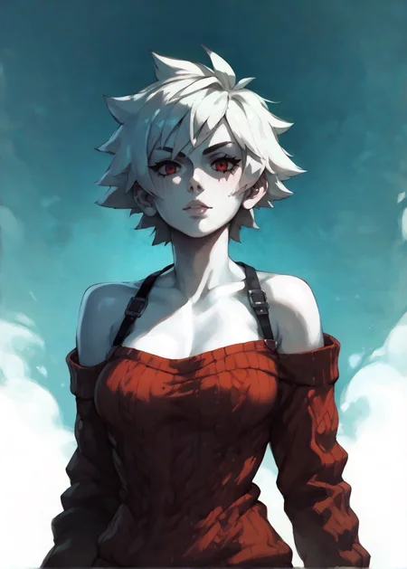 white skins, spiky red short tomboy hair, neutral expression, tight sweater, <lora:NAHIRI:1> nahiri, 1girl, solo, short hair, breasts, bare shoulders, white hair, colored skin, <lora:RD-MAnon-XLV1.1:1> female,, source_anime, score_9_up, score_7_up, score_8_up