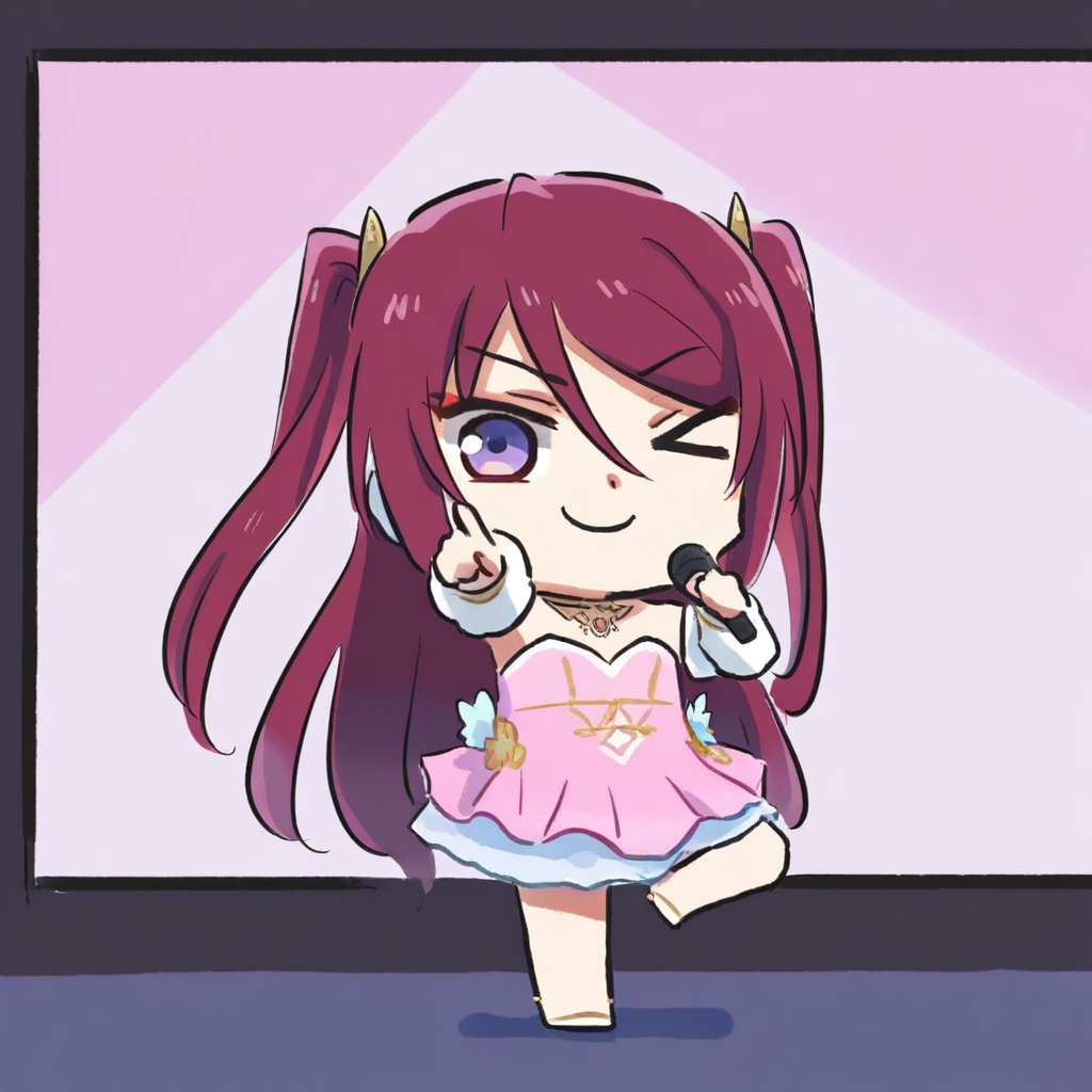 newest stylish, extreme aesthetic, 1girl, solo, BeatriceKushan, standing on one leg, purple eyes, dancing, pointing at viewer, holding microphone, > o, one eye closed, pink dress, smile, juliet sleeves, bare shoulders, detached sleeves, two side up, looking at viewer, chibi, full body, xinzoruo, stage, screen, spotlight, <lora:Bea&KilaKushan-ilxi01:0.5>, <lora:XinzoruoStyle2_AnimagineXLv3:0.5>