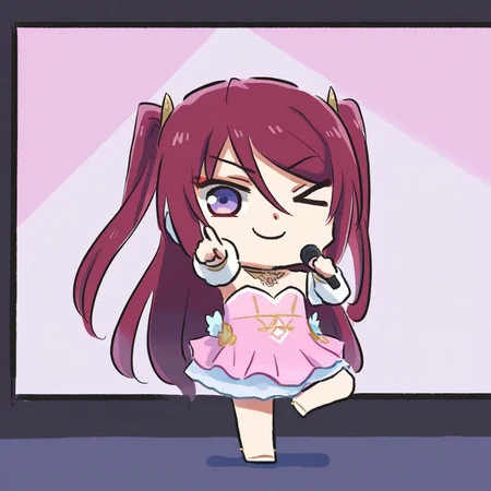 newest stylish, extreme aesthetic, 1girl, solo, BeatriceKushan, standing on one leg, purple eyes, dancing, pointing at viewer, holding microphone, > o, one eye closed, pink dress, smile, juliet sleeves, bare shoulders, detached sleeves, two side up, looking at viewer, chibi, full body, xinzoruo, stage, screen, spotlight, <lora:Bea&KilaKushan-ilxi01:0.5>, <lora:XinzoruoStyle2_AnimagineXLv3:0.5>