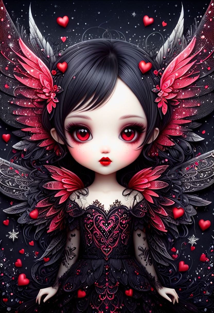 beautiful hyper detailed ultra realistic hyper detailed beautiful dark chibi fairy, hyper detailed eyes, shadow woman red lips graphic, dark intricate wings on back, in the style of Charlie Bowater, nicoletta ceccoli , dark  Whimsical, Detailed Fantasy, black lace Background pattern with tiny  3d red and pink hearts, Glitter, White Thorns, Muted Colors, Explosion, Intricate Extremely Detailed, Hyperdetailed, style of monica lee, Hgonzag, Camilla d'Errico Diego Gisbert,Winter wonder land art art, Masterpiece, trending on artstation, featured on pixiv, cinematic composition, 8K