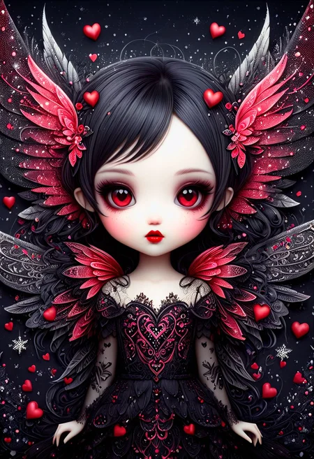 beautiful hyper detailed ultra realistic hyper detailed beautiful dark chibi fairy, hyper detailed eyes, shadow woman red lips graphic, dark intricate wings on back, in the style of Charlie Bowater, nicoletta ceccoli , dark Whimsical, Detailed Fantasy, black lace Background pattern with tiny 3d red and pink hearts, Glitter, White Thorns, Muted Colors, Explosion, Intricate Extremely Detailed, Hyperdetailed, style of monica lee, Hgonzag, Camilla d'Errico Diego Gisbert,Winter wonder land art art, Masterpiece, trending on artstation, featured on pixiv, cinematic composition, 8K