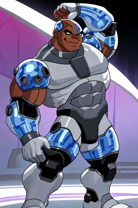 masterpiece, best quality, high resolution, male, male only, male focus, solo, solo focus,1boy, victorcyborg, humanoid robot, cyborg, human, dark skin, bald, gloves, red eyes, black eyes, heterochromia, (smirk), flexing bicep, (mostly nude), huge bulge, collarbone, bare midriff, bare chest, bare biceps, upper arms, thick waist, thick thighs, huge biceps, thick legs, big feet, big hands, flexing