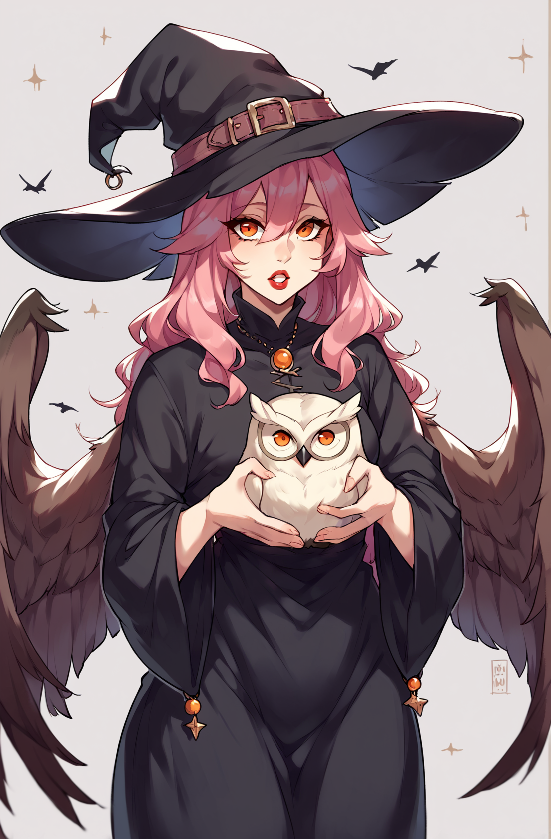 score_9,score_8_up,score_7_up,score_6_up,score_5_up,score_4_up source_explicit,nsfw, witchyset21, 1girl,solo,long hair,looking at viewer,open mouth,red eyes,long sleeves,hat,dress,holding,standing,pink hair,purple hair,parted lips,wings,teeth,wide sleeves,blurry,black dress,orange eyes,black headwear,witch hat,bird,animal,red lips,witch,holding animal,owl <lora:kame_3-v1e80:1>,
