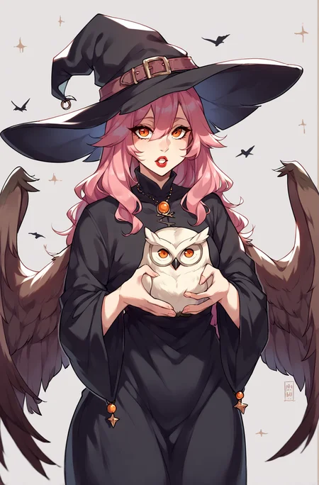 score_9,score_8_up,score_7_up,score_6_up,score_5_up,score_4_up source_explicit,nsfw, witchyset21, 1girl,solo,long hair,looking at viewer,open mouth,red eyes,long sleeves,hat,dress,holding,standing,pink hair,purple hair,parted lips,wings,teeth,wide sleeves,blurry,black dress,orange eyes,black headwear,witch hat,bird,animal,red lips,witch,holding animal,owl <lora:kame_3-v1e80:1>,