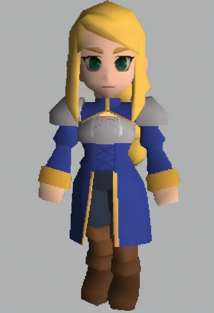 masterpiece, best quality, solo, 1boy, looking at viewer, <lora:FF7-Chibi-illus_Fp:1>, full body, simple background, 3d, chibi, agrias oaks, blonde hair, braided ponytail, shoulder armor, armor, corset,