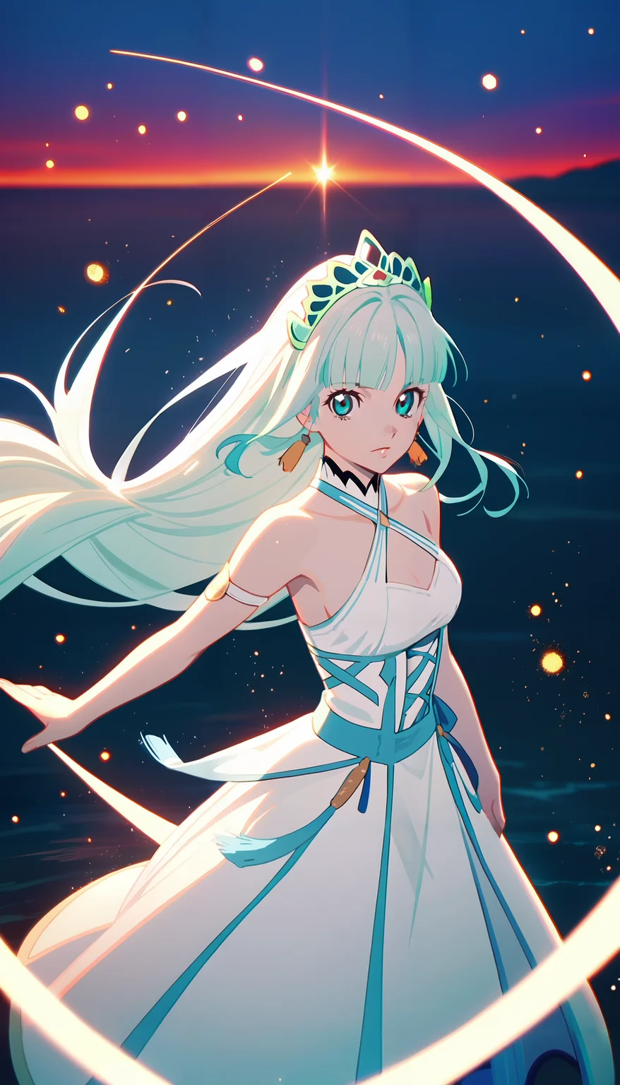 (score_9,score_8_up,score_7_up),
anime screencap, by ufotable,
tales of (series), tales of zestiria,
solo, solo focus,
<lora:ufotable_lora_pony:1>
BREAK
1girl, looking at viewer,
blue eyes, light green hair, absurdly long hair, floating hair, light particles,
white dress, criss-cross halter, halter dress, bare shoulders, sleeveless dress, long dress, blue tiara, tied hair,
hime cut, tassel earrings, low-tied sidelocks,
river, sunset,