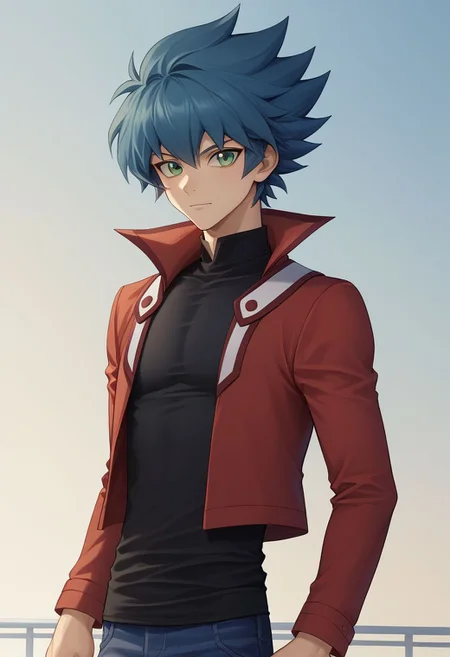 score_9, score_8_up, source_anime, highly detailed, 1boy, solo, slender, skinny
jesse, 1boy, male focus, solo, green eyes, blue hair, spiked hair, duel academy uniform (yu-gi-oh! gx), jacket, black shirt, red jacket,
outdoor,