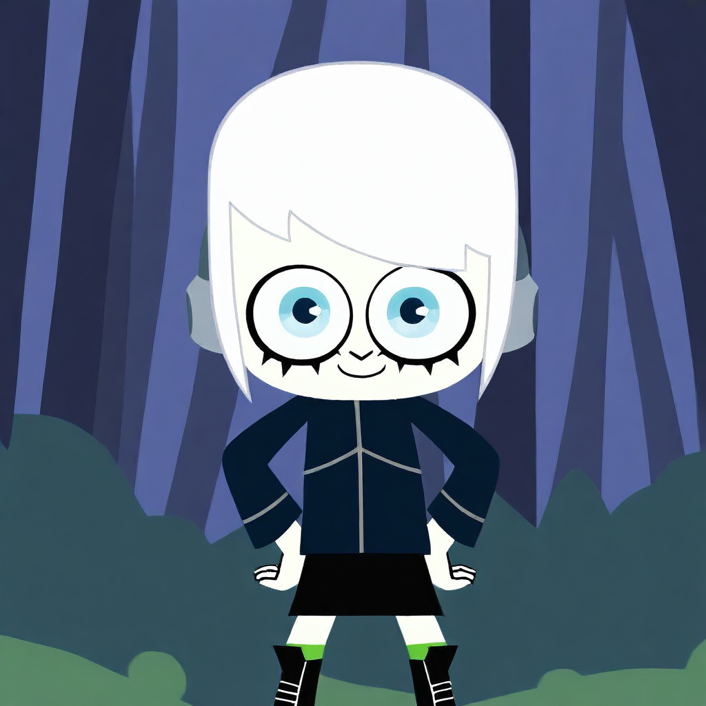masterpiece, best quality, solo, zeroink, 1girl, white hair, short hair, blue eyes, headphones, jacket, skirt, boots, hands on hips, smile, looking at viewer, forest