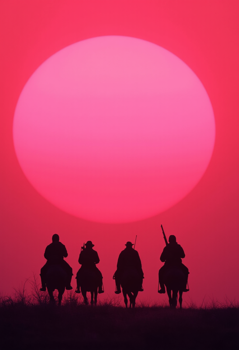 in the style of cksc, masterpiece,best quality, very aesthetic, absurdres . Close up.
 by Stephen Shore, by Christopher Balaskas, by Jerzy Duda-Gracz , aesthetic, harmonic, artistic, creative, esthetic,

Pink sunset, plain, gradient pink sky. Against the background of the huge setting sun, the black silhouettes of four horsemen with rifles are visible, rear view..

.,, hyperrealistic, 4K ,.,UNI_SCI_FI_CORE

 Otherworldly atmosphere.
(Depth of field), low saturation,detail. 