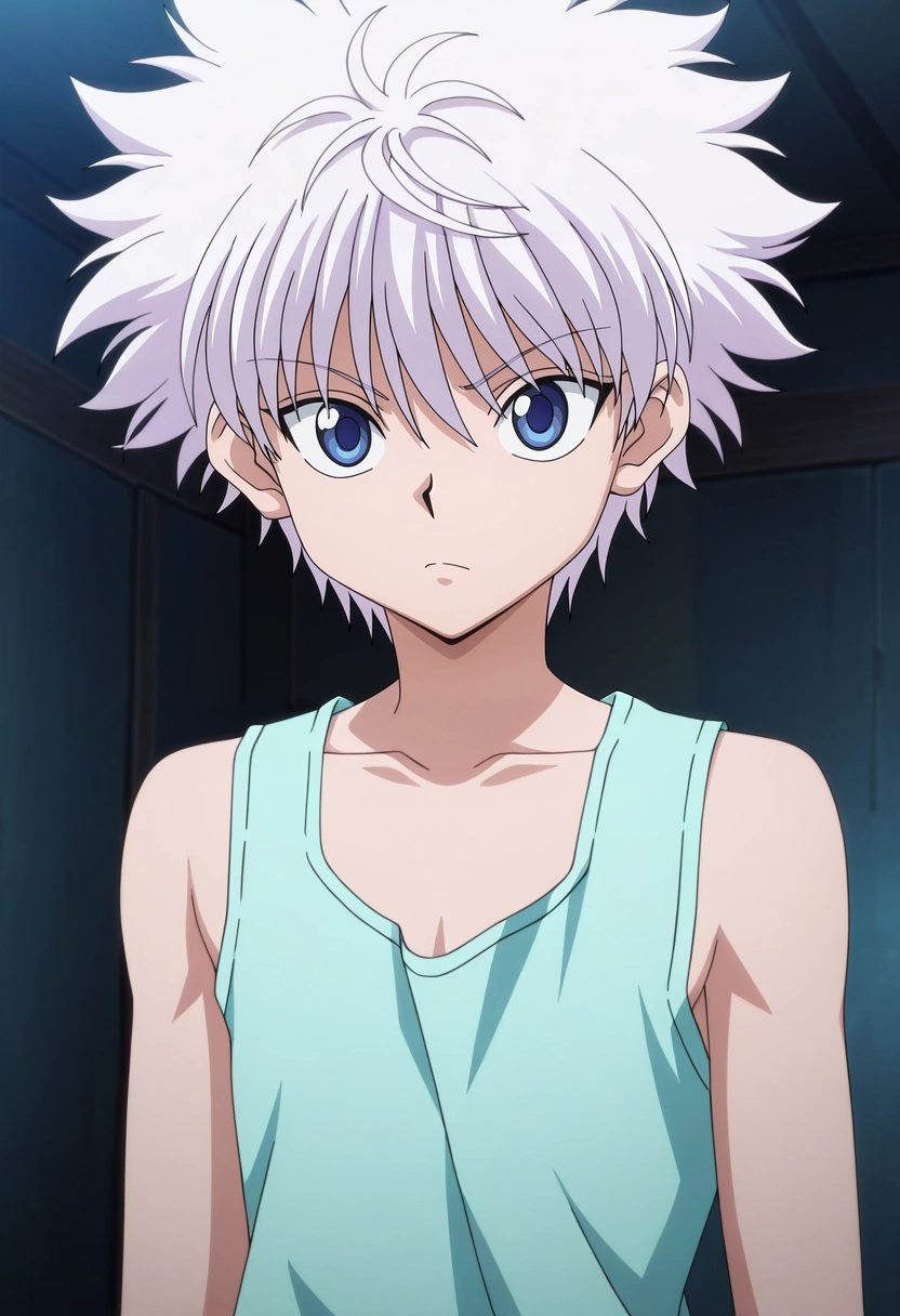 masterpiece, best quality, anime screencap, anime coloring, 1boy, solo, male focus, <lora:killua_zoldyck_ilxl:0.9>, killua_zoldyck, white hair, blue eyes, short hair, spiked hair, bangs, messy hair, tank top,