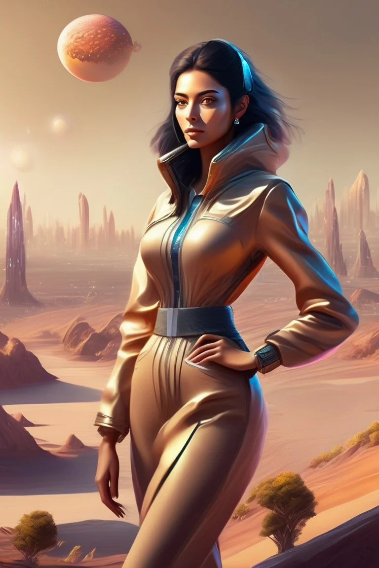 woman in an alien planet with serene nature and human city digital painting, Rafael Sanzio, birds, very well dressed, tan skin, beautiful landscape, looking to the camera, looking straight ahead, manga, perfect hands, highly detailed, Monalisa pose, high contrast, high quality, digital painting, highly detailed <lora:Lexica_XL_V1:1>