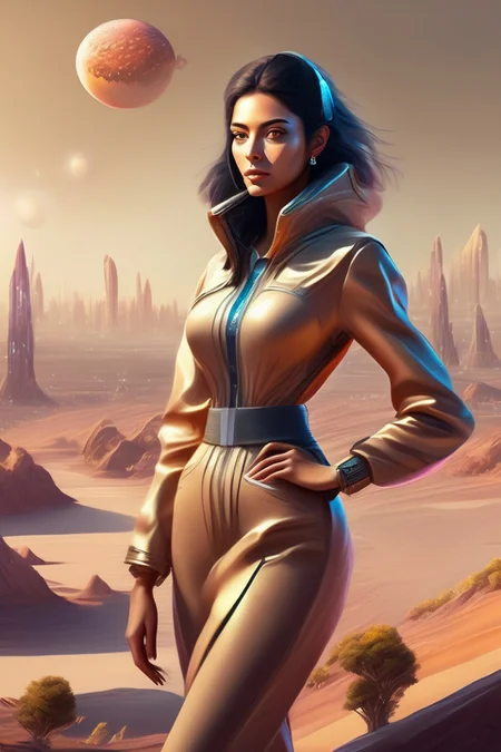 woman in an alien planet with serene nature and human city digital painting, Rafael Sanzio, birds, very well dressed, tan skin, beautiful landscape, looking to the camera, looking straight ahead, manga, perfect hands, highly detailed, Monalisa pose, high contrast, high quality, digital painting, highly detailed <lora:Lexica_XL_V1:1>