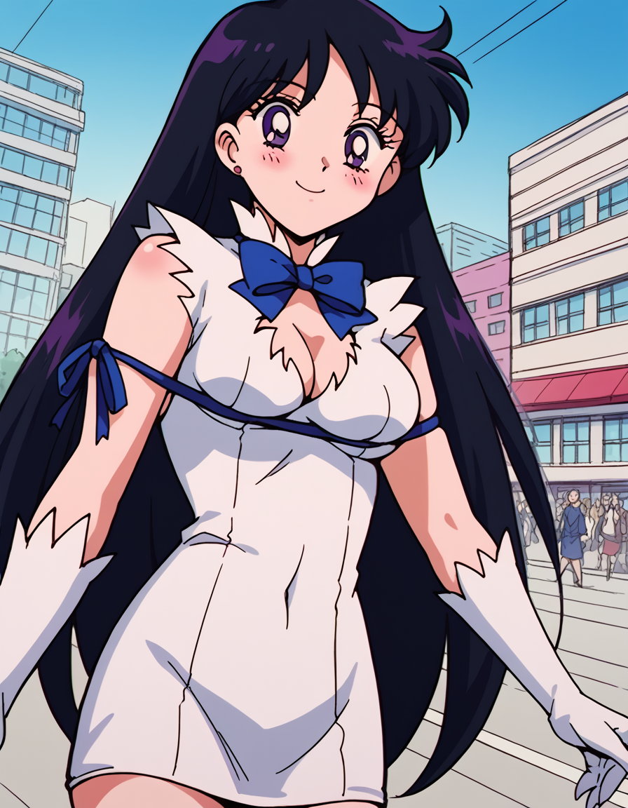 score_9, score_8_up, score_7_up, source_anime, <lora:rei-hino-s3-ponyxl-lora-nochekaiser:1>, rei hino, black hair, diadem, long hair, purple eyes, parted bangs,, <lora:hestia-cosplay-ponyxl-lora-nochekaiser:1>, hestiacosplay, hestia (danmachi) (cosplay), blue bow, blue bowtie, bow, bowtie, cleavage, cleavage cutout, clothing cutout, dress, gloves, pencil dress, rei no himo, short dress, white dress, white gloves, blue ribbon, arm ribbon,, outdoors, cityscape, street, smile, blush, , cowboy shot, dutch angle