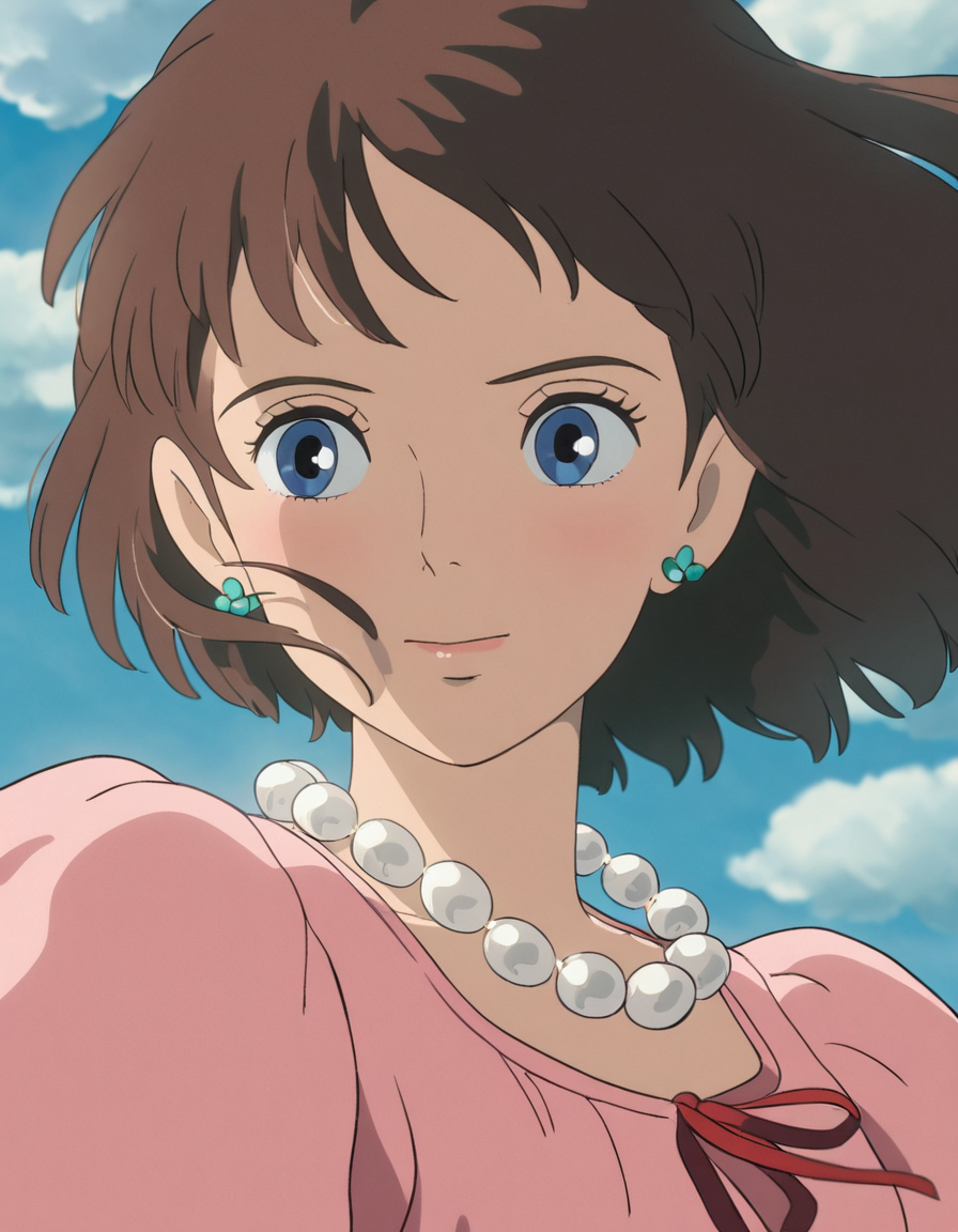 Studio Ghibli, hand-drawn animation style,
masterpiece, high score,
girl, portrait, illustration, brown hair, blue eyes, pink dress, red ribbon, pearl necklace, flower earrings
 <lora:Ghibli_xl_v2:1>