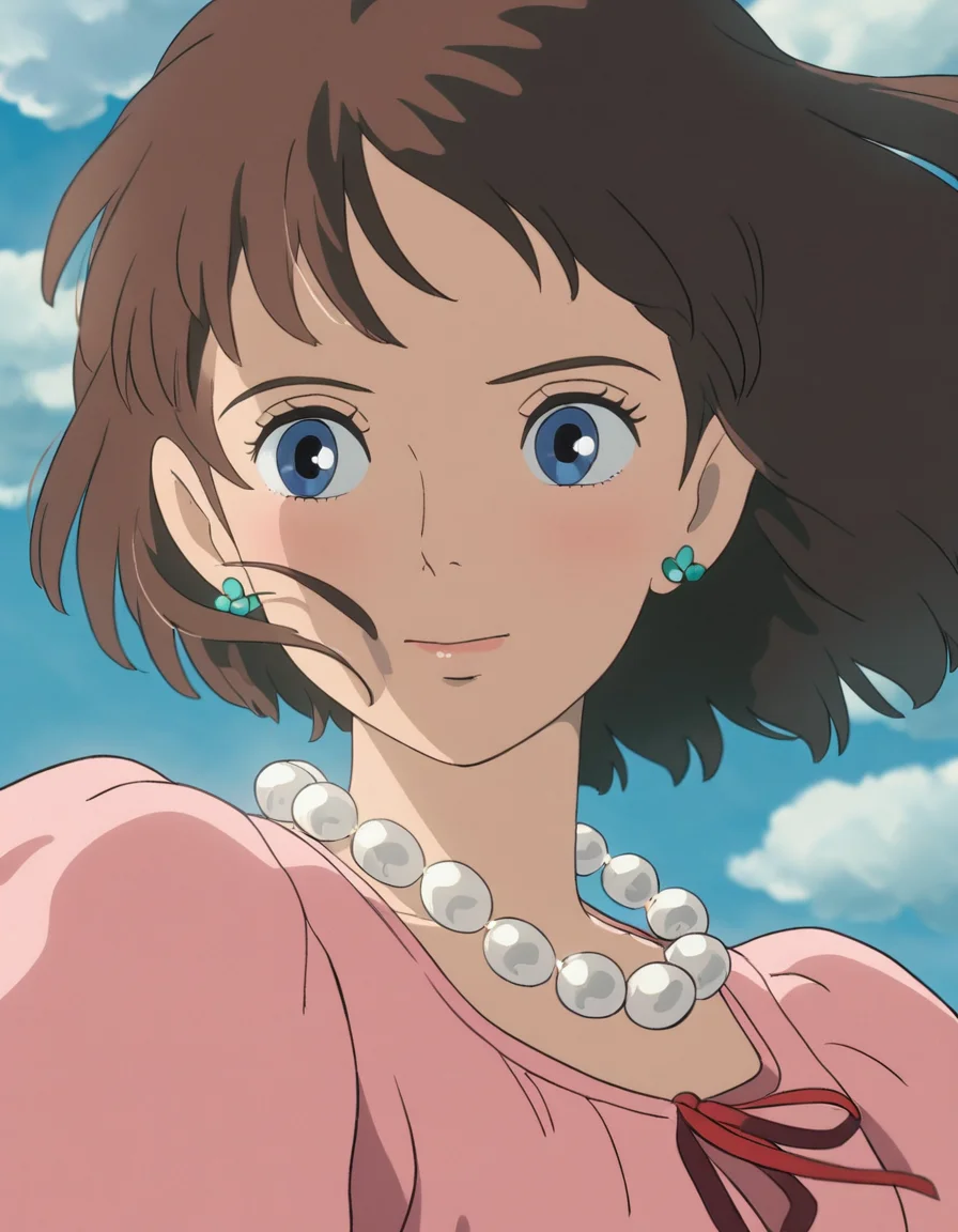 Studio Ghibli, hand-drawn animation style,
masterpiece, high score,
girl, portrait, illustration, brown hair, blue eyes, pink dress, red ribbon, pearl necklace, flower earrings
<lora:Ghibli_xl_v2:1>