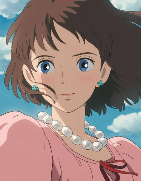 Studio Ghibli, hand-drawn animation style,
masterpiece, high score,
girl, portrait, illustration, brown hair, blue eyes, pink dress, red ribbon, pearl necklace, flower earrings
<lora:Ghibli_xl_v2:1>