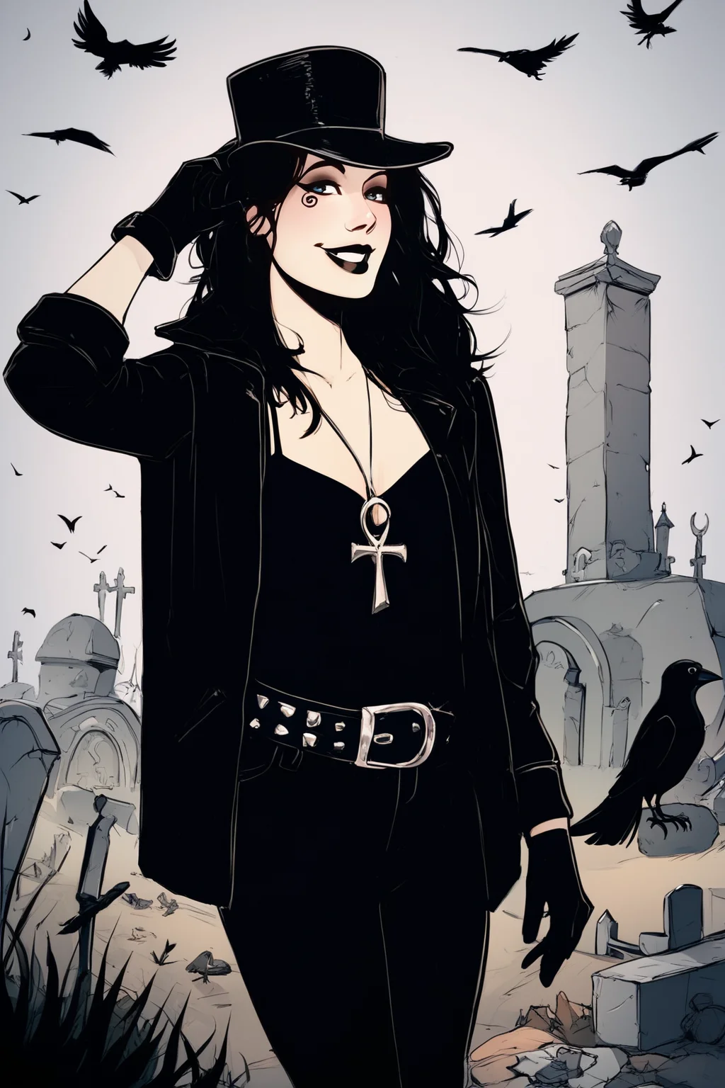 score_9, score_8_up, score_7_up, masterpiece, high quality, BREAK
<lora:Death of the EndlessPonyLoRA:1>dethofend, pale skin, colored skin, long hair, tattoo under eye, ankh necklace, black tank top, belt, black pants, gloves, hat, jacket, crow , on a graveyard, smile