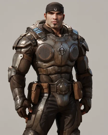 <lora:Marcus_Fenix_PonyXL-10(2):0.95> og_marcus_fenix, looking at viewer, bandana, armor, simple background, (muscular:1.1), scar, score_9, score_8_up, score_7_up,