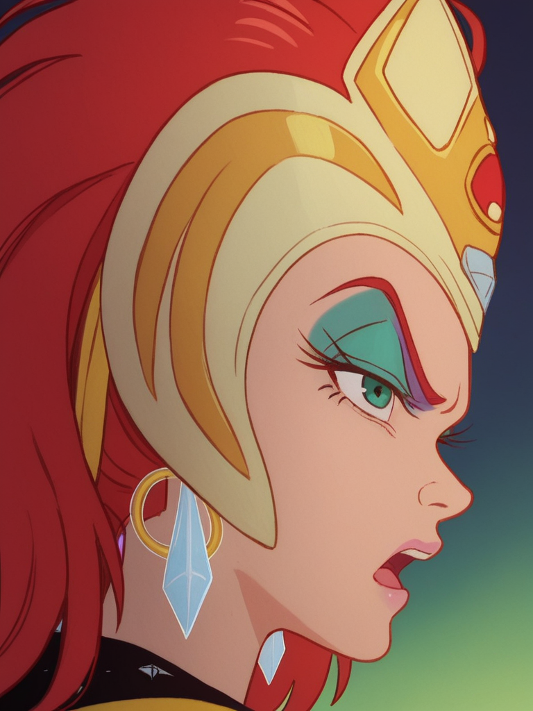 score_9, score_8_up, score_7_up,1girl, solo,    <lora:Dark_Princess_Pony:1> 1girl, solo, ssdp1, red hair, green eyes, gold headgear, black outfit, long sleeves, diamond studs, diamond earrings, eyeshadow, makeup, eyes narrowed, open mouth, angry, view from side, profile