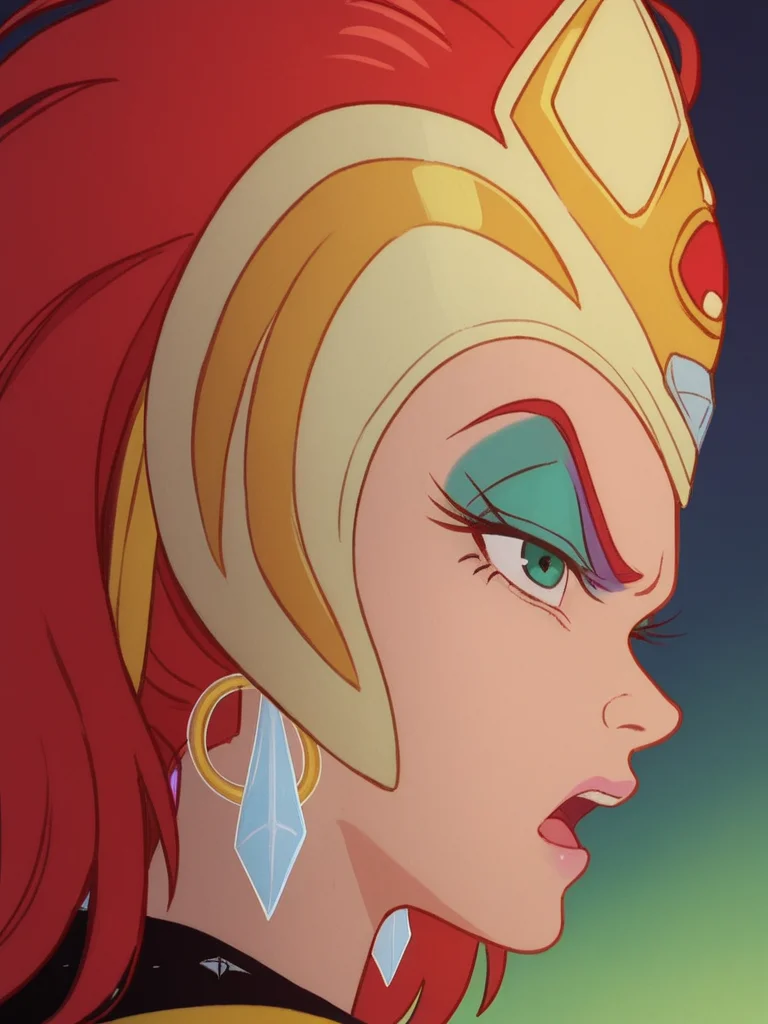 score_9, score_8_up, score_7_up,1girl, solo,    <lora:Dark_Princess_Pony:1> 1girl, solo, ssdp1, red hair, green eyes, gold headgear, black outfit, long sleeves, diamond studs, diamond earrings, eyeshadow, makeup, eyes narrowed, open mouth, angry, view from side, profile