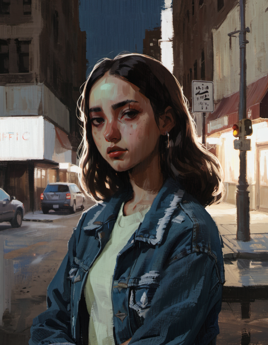 cinematic lighting, surreal painting, Arabic girl, jean jacket, city street, VSCO model posing, <lora:DiscoDeliriumXL-v1.2:1.25>