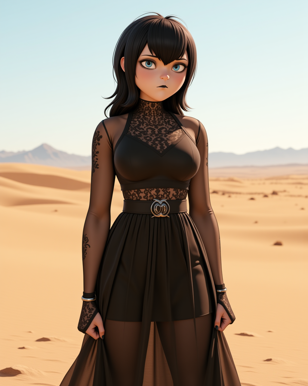 cowboy shot, looking at viewer, outdoors daylight, Tense with rigid posture, clenched fists, and a narrowed gaze, bracing for something.
A woman stands at the edge of a vast desert, the wind sweeping up sand around her feet as she gazes out over the endless, barren landscape. in a dynamic pose
<lora:Hotel_Transilvania_-_Mavis_v2-000030:1> ht-mavis a 20 year old adult woman with blue eyes and black hair. Mesh layered mesh dress, featuring a cinched waist and flared hemline, with translucent panels along the arms and an underlayer of soft tulle for added volume