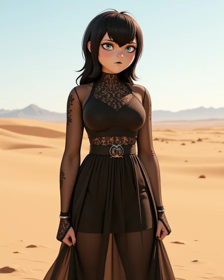 cowboy shot, looking at viewer, outdoors daylight, Tense with rigid posture, clenched fists, and a narrowed gaze, bracing for something.
A woman stands at the edge of a vast desert, the wind sweeping up sand around her feet as she gazes out over the endless, barren landscape. in a dynamic pose
<lora:Hotel_Transilvania_-_Mavis_v2-000030:1> ht-mavis a 20 year old adult woman with blue eyes and black hair. Mesh layered mesh dress, featuring a cinched waist and flared hemline, with translucent panels along the arms and an underlayer of soft tulle for added volume