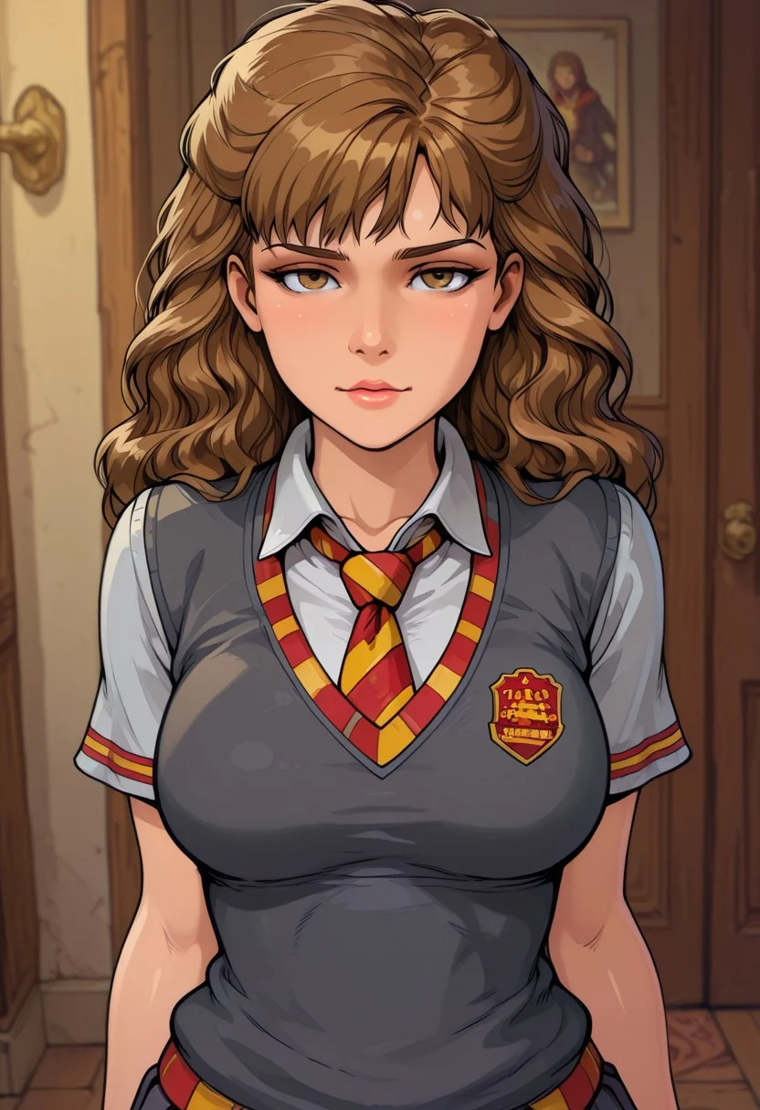 masterpiece,best quality,amazing quality, HERMIONESISERG, hermione granger, brown eyes, brown hair, Gryffindor school uniform