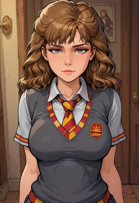 masterpiece,best quality,amazing quality, HERMIONESISERG, hermione granger, brown eyes, brown hair, Gryffindor school uniform