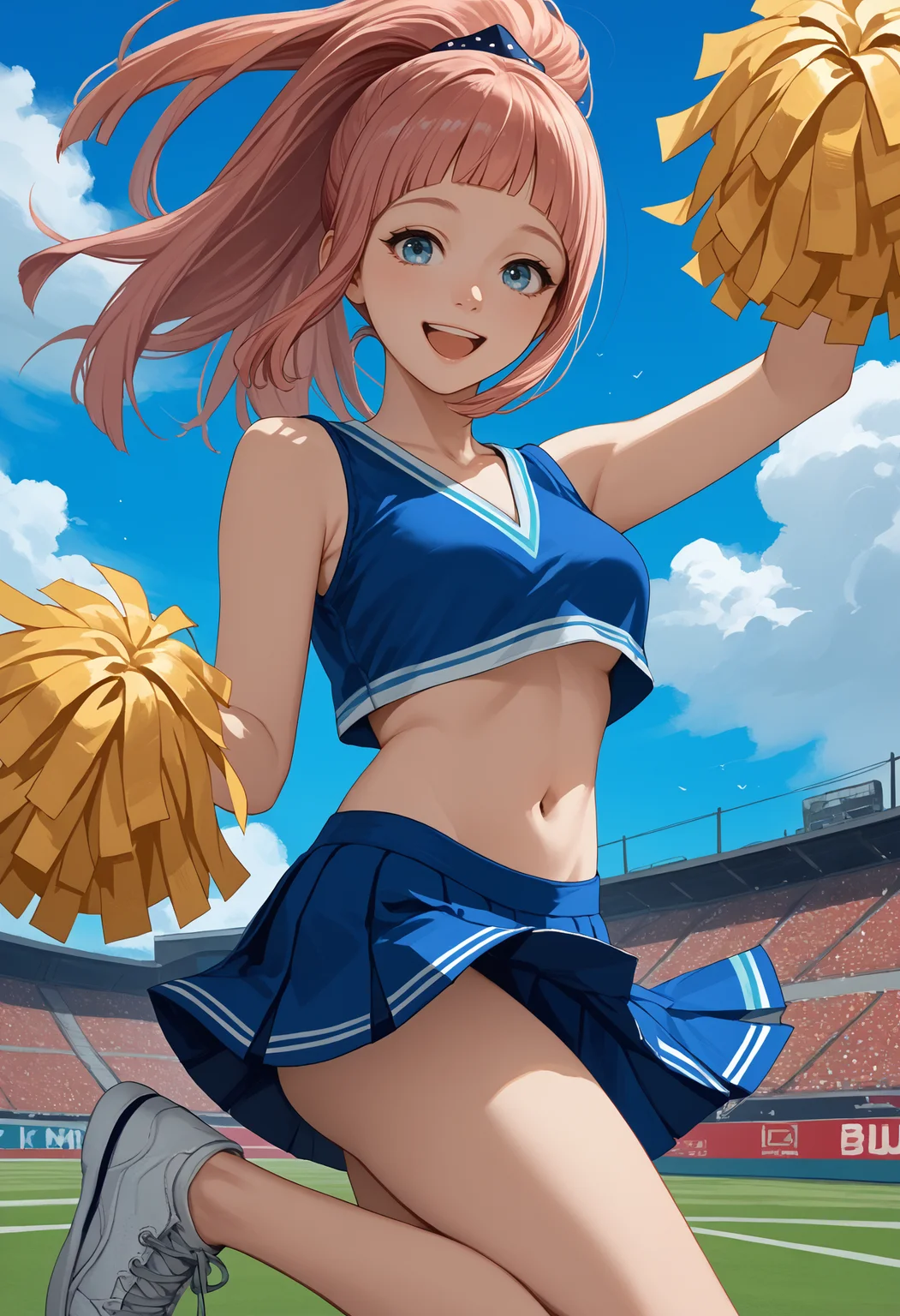 score_9, score_8_up, score_7_up, source_anime BREAK 1girl, solo, <lora:felicia-fe-richy-v2_pdxl:1> flcrnd, blue eyes, pink hair, long hair, ponytail, blunt bangs, breasts, standing on one leg, crop top, cheerleader, pom pom \(cheerleading\), outdoors, blue sky, navel, midriff, pleated skirt, open mouth, smile, happy, arm up, sneakers