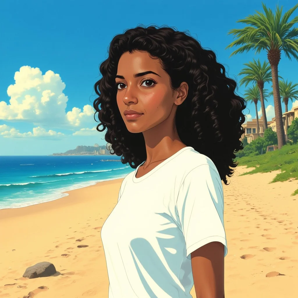 an anime style illustration of a 30yo egyptian woman with dark curly hair and light brown skin, wearing a white t-shirt, on the beach with palm trees. with attention of the face.