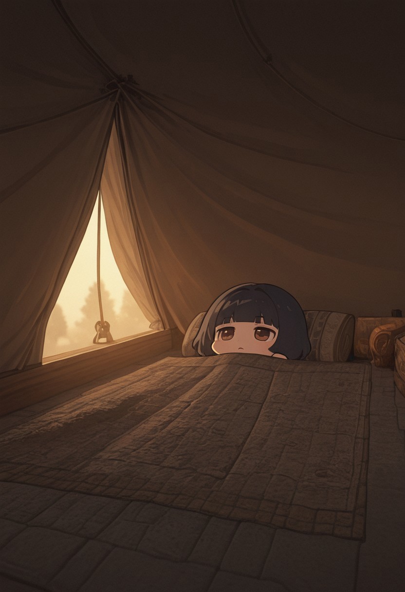 masterpiece, best quality, good quality, very aesthetic, absurdres, newest, 8K, depth of field, focused subject, zzzemoji, chibi, BREAK portrait of, Repanse, indoors, tent interior, knights, maps, directional lighting, silhouetted, chiascuro, viewed from side