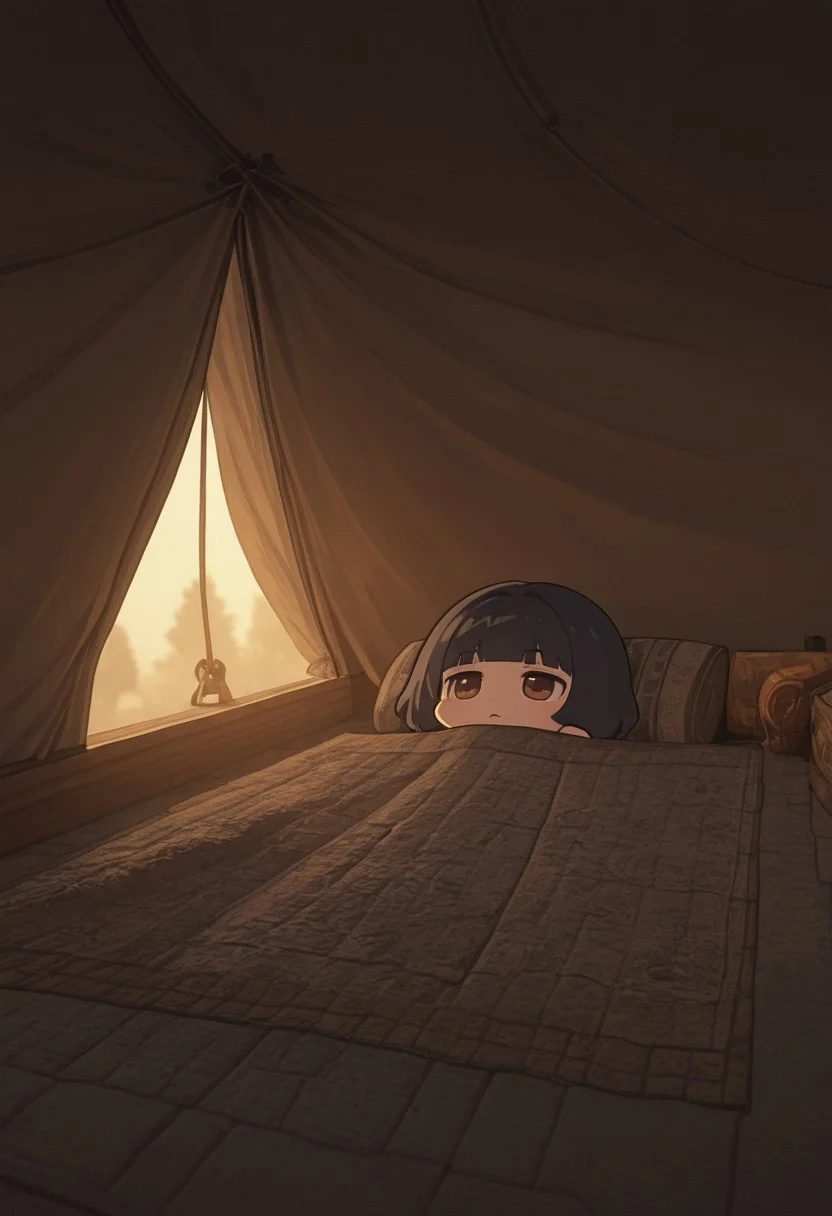 masterpiece, best quality, good quality, very aesthetic, absurdres, newest, 8K, depth of field, focused subject, zzzemoji, chibi, BREAK portrait of, Repanse, indoors, tent interior, knights, maps, directional lighting, silhouetted, chiascuro, viewed from side