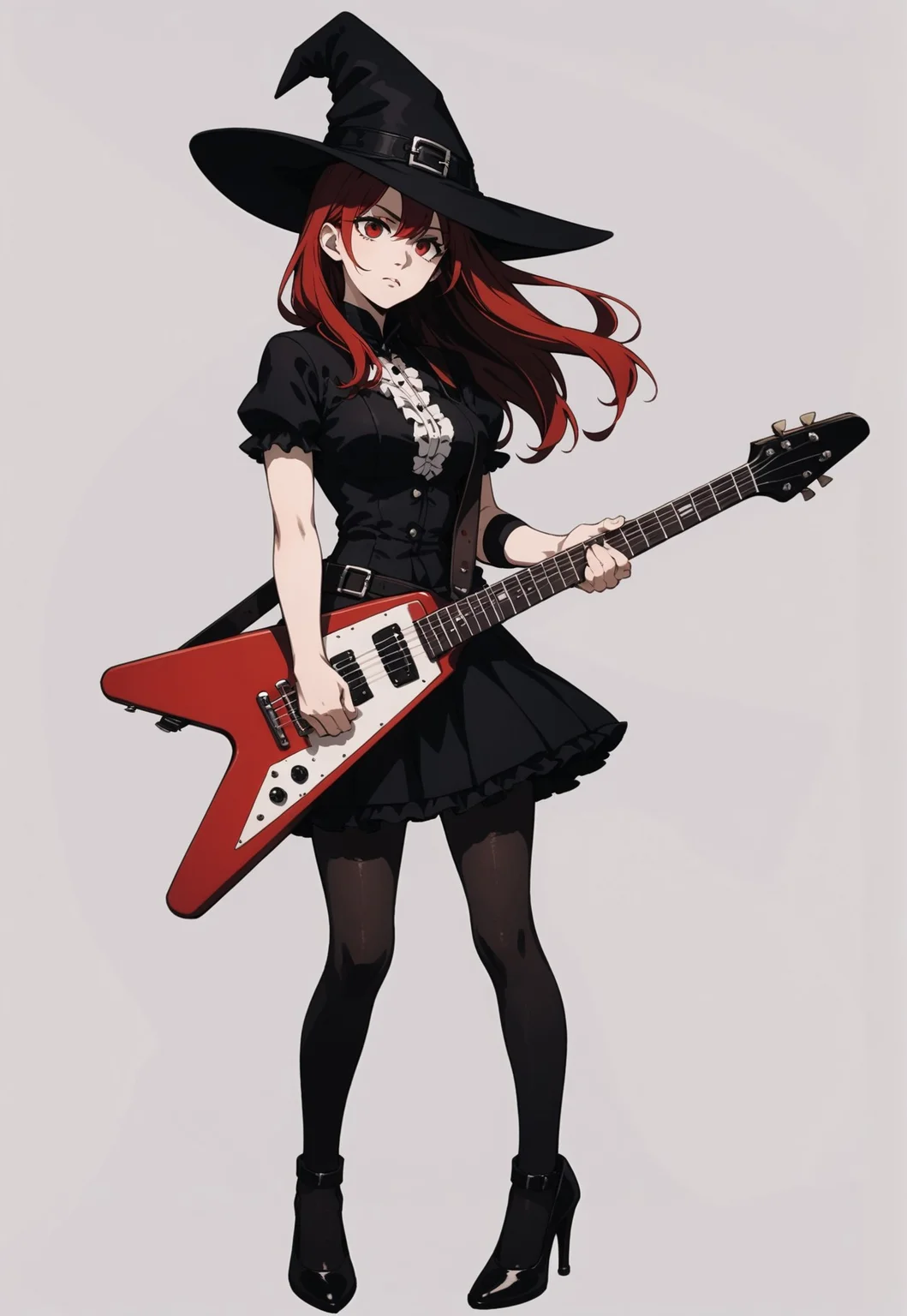 safe_pos, 1girl, red hair, long hair, red eyes, black witch hat, black short sleeve blouse, black short frill skirt, black pantyhose, high heels,
full body, stand, simple background, medium breasts,
score_9, score_8_up, score_7_up,
playing electric guitar, f-hole electric guitar, <lora:flying-v-pony:0.85>