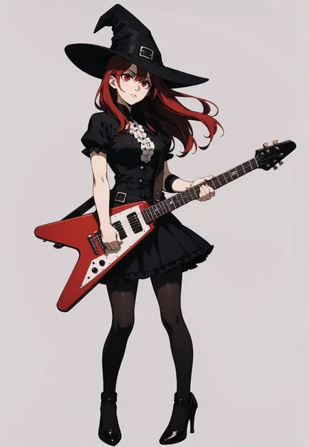 safe_pos, 1girl, red hair, long hair, red eyes, black witch hat, black short sleeve blouse, black short frill skirt, black pantyhose, high heels,
full body, stand, simple background, medium breasts,
score_9, score_8_up, score_7_up,
playing electric guitar, f-hole electric guitar, <lora:flying-v-pony:0.85>