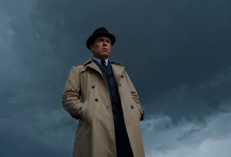 shocking, revelatory, psychological thriller photography, Detective Jack Harper, middle-aged, weary, unshaven, trench coat, fedora, stunned, shocked, disbelief, The Truth, hidden, secretive, complex, wide-angle shot, low-angle camera, dark and stormy sky, ominous mood, low-key lighting, desaturated color palette, inspired by the work of Alfred Hitchcock