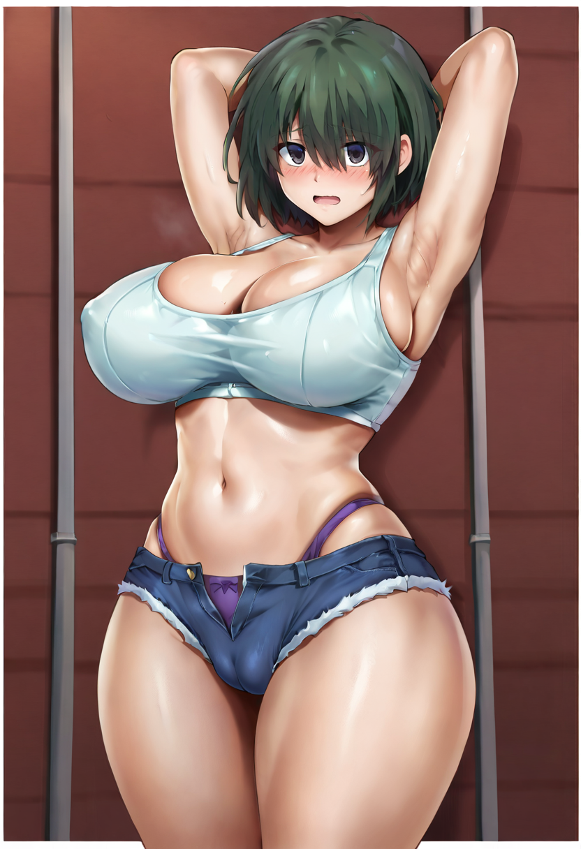score_9, score_7_up,  1girl, 
huge breasts, wide hips, thick thighs, nose blush, arms up, green hair, purple panties, red bow, highleg panties, white border, blue shorts, hair between eyes, cowboy shot, green eyes, stomach, hair over one eye, bra, outside border, thighs, bow panties, short hair, black eyes, red background, standing, highleg, bob cut, shorts, armpits, bow, cleavage, breasts, border, open mouth, shiny skin, solo, blush, panties, looking at viewer, short shorts, underwear, navel, collarbone, skindentation, eyes visible through hair, cameltoe, large breasts, embarrassed, white bra
 <lora:cyclone_(reizei)-Style-PonyXL-GLoRA-000045:1>