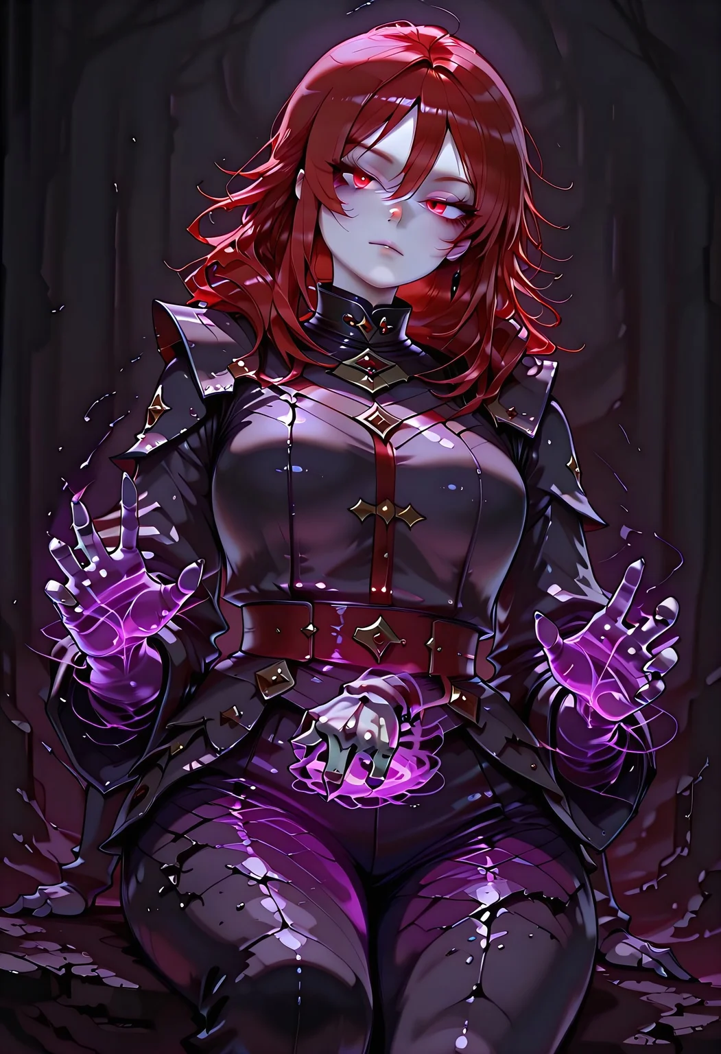masterpiece, best quality, highres, absurdres, amazing quality, high resolution,
Red Eyes, Red Hair, pale skin
from below, expressionless, , sitting, head tilt, dutch angle, <lora:chill_touch_Test:0.8>chill_touch-(magic), outstretched handskeletal disembodied hand, purple blue magic, solo, claws, cowboy shot , glowing eyes, dimmed, dark background, simple background,