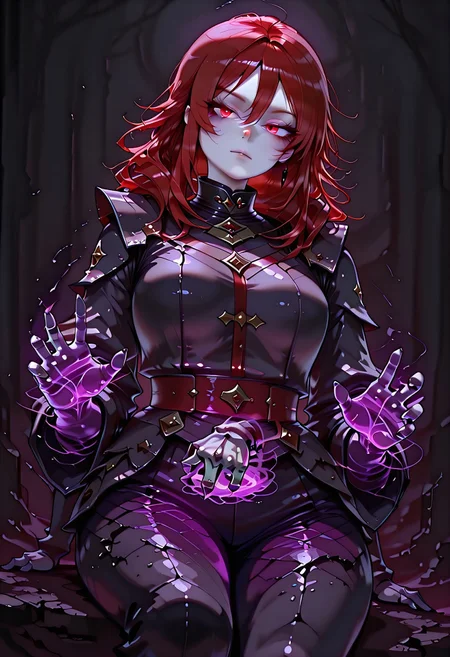 masterpiece, best quality, highres, absurdres, amazing quality, high resolution,
Red Eyes, Red Hair, pale skin
from below, expressionless, , sitting, head tilt, dutch angle, <lora:chill_touch_Test:0.8>chill_touch-(magic), outstretched handskeletal disembodied hand, purple blue magic, solo, claws, cowboy shot , glowing eyes, dimmed, dark background, simple background,