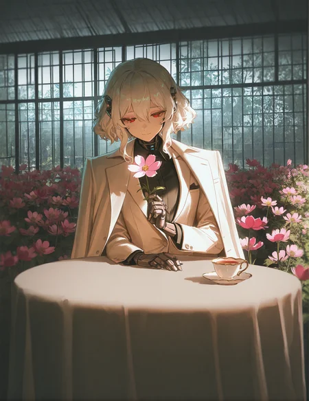 Masterpiece, Best Quality, Best Score, Best Anatomy,ultra deitailed,white suit,sci-fi, futuristic,red eyes,
1girl, (c, android),white hair,medium hair, hair between eyes,wavy hair,Miasma, biomech, cosmos, pink flowers, holding flower,garden,greenhouse,
soft smile,solo,Cinematic Lighting,refraction, moonlight,Elegant Crystal Lighting,
formal suit, tailcoat, open coat,indoors,full scene, sit at table in garden, tea cup on table,coat thrown on,
<lora:add-detail-xl:1>, <lora:nyalia_NoobXL:0.3>, <lora:cutesexyrobutts_style_illustrious_goofy:0.2>, <lora:nabibutterILLUS:0.1>, usnr, <lora:USNR STYLE_XL_loha:0.9>,