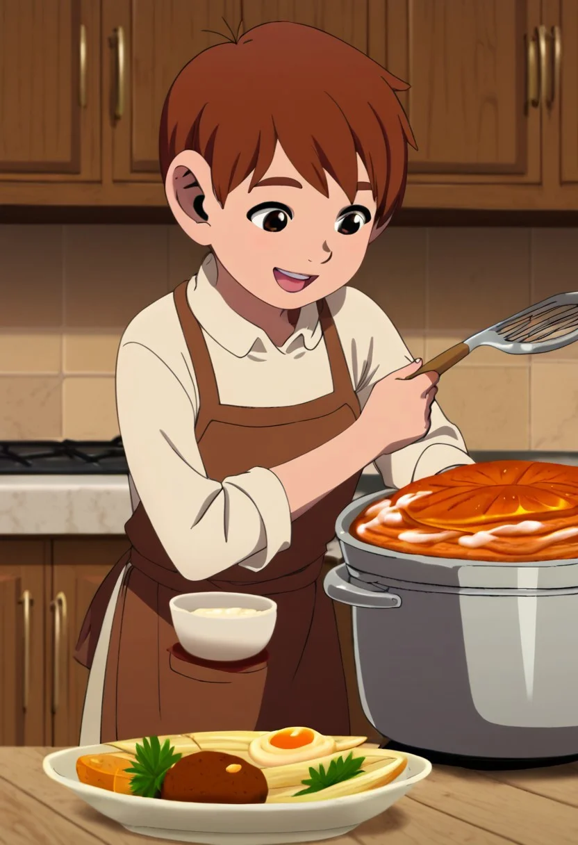 chilchuck_tims, brown hair, brown eyes, solo, at kitchen, cooking, happy expression