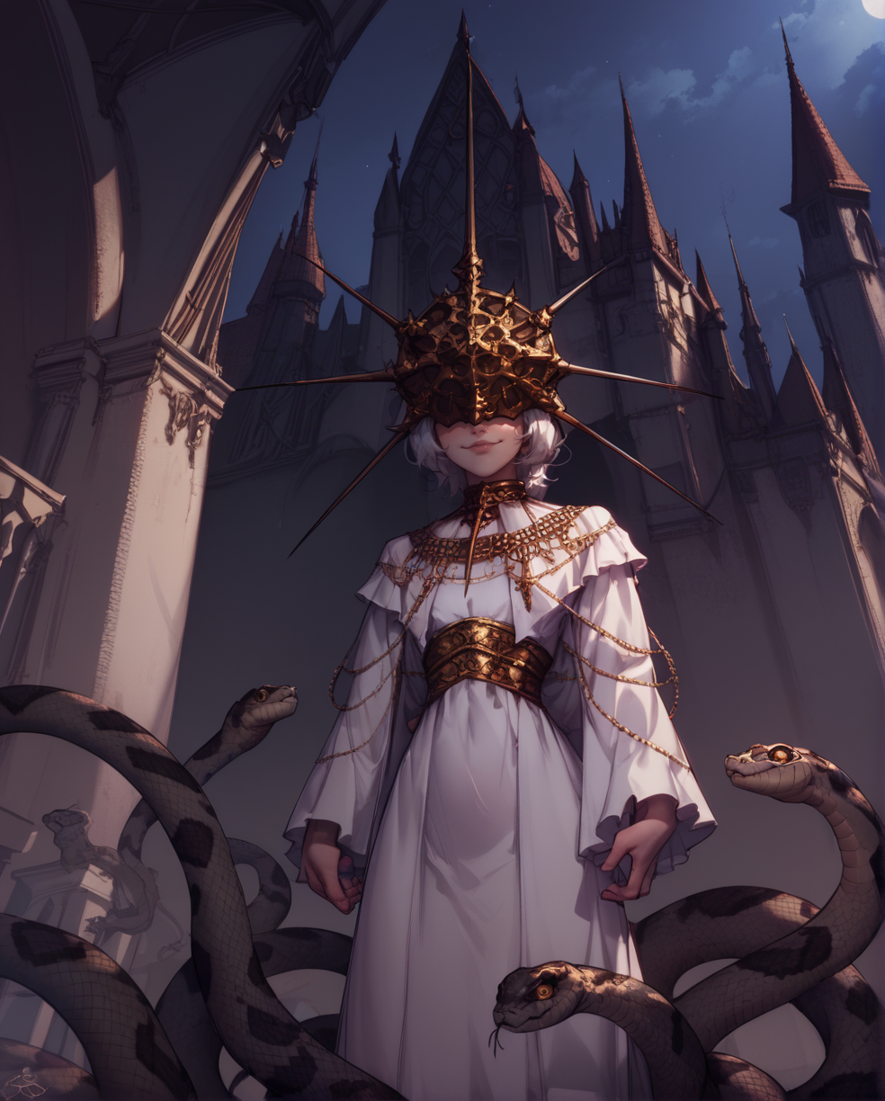 score_9,score_8_up,score_7_up,score_6_up,
Gwyndolin,white hair,flat chest,gold mask,covered eyes,
gold jewelry,white dress,long sleeves,light smile,
cathedral,moonlight,  night, 
standing,    from below,  snake legs,   
<lora:Gwyndolin:1>,