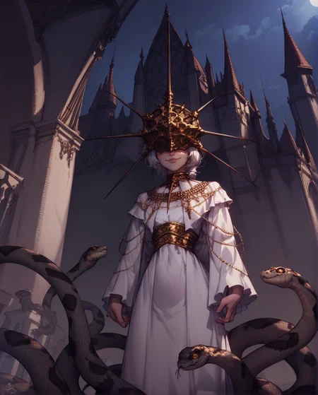 score_9,score_8_up,score_7_up,score_6_up,
Gwyndolin,white hair,flat chest,gold mask,covered eyes,
gold jewelry,white dress,long sleeves,light smile,
cathedral,moonlight, night,
standing, from below, snake legs,
<lora:Gwyndolin:1>,