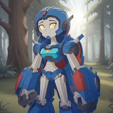 score_9, score_8, BREAK, solo, Whirl_(Transformers), 1girl, autobot, autobot logo on chest, yellow eyes, glowing eyes, alien girl, robot, robot girl, humanoid robot, mecha, self portrait, smile, looking at viewer, outdoors, sunlight, shadows, evening lighting, natural lighting, forest, trees, grass, orange sky, sunset