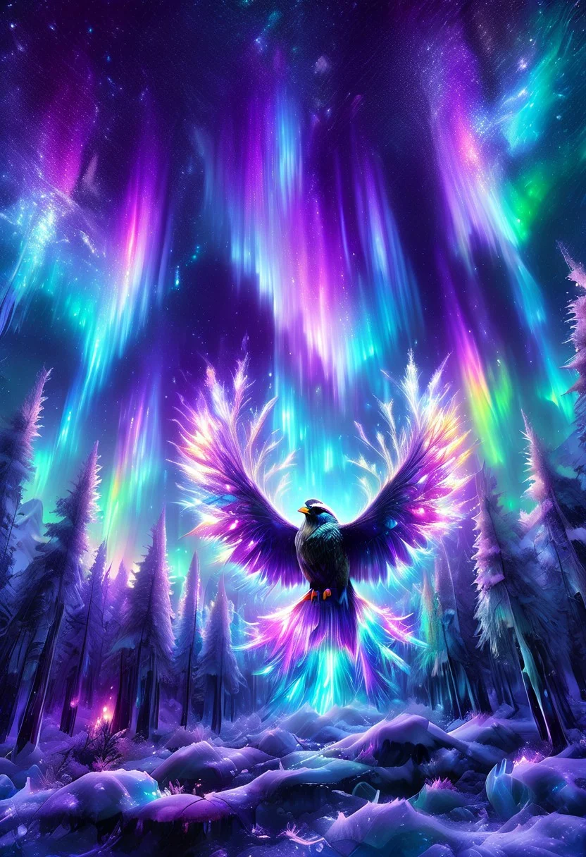 lazympos, morph-aurora, A platinum-tier sparrow with bioluminescent fur prowls through an aurora-lit crystal forest, prismatic light shards refract through ice formations, glowing celestial patterns dance across its obsidian collar, hyper-detailed fur texture with rainbow iridescence, 8k resolution.