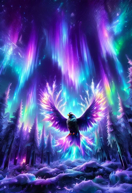 lazympos, morph-aurora, A platinum-tier sparrow with bioluminescent fur prowls through an aurora-lit crystal forest, prismatic light shards refract through ice formations, glowing celestial patterns dance across its obsidian collar, hyper-detailed fur texture with rainbow iridescence, 8k resolution.
