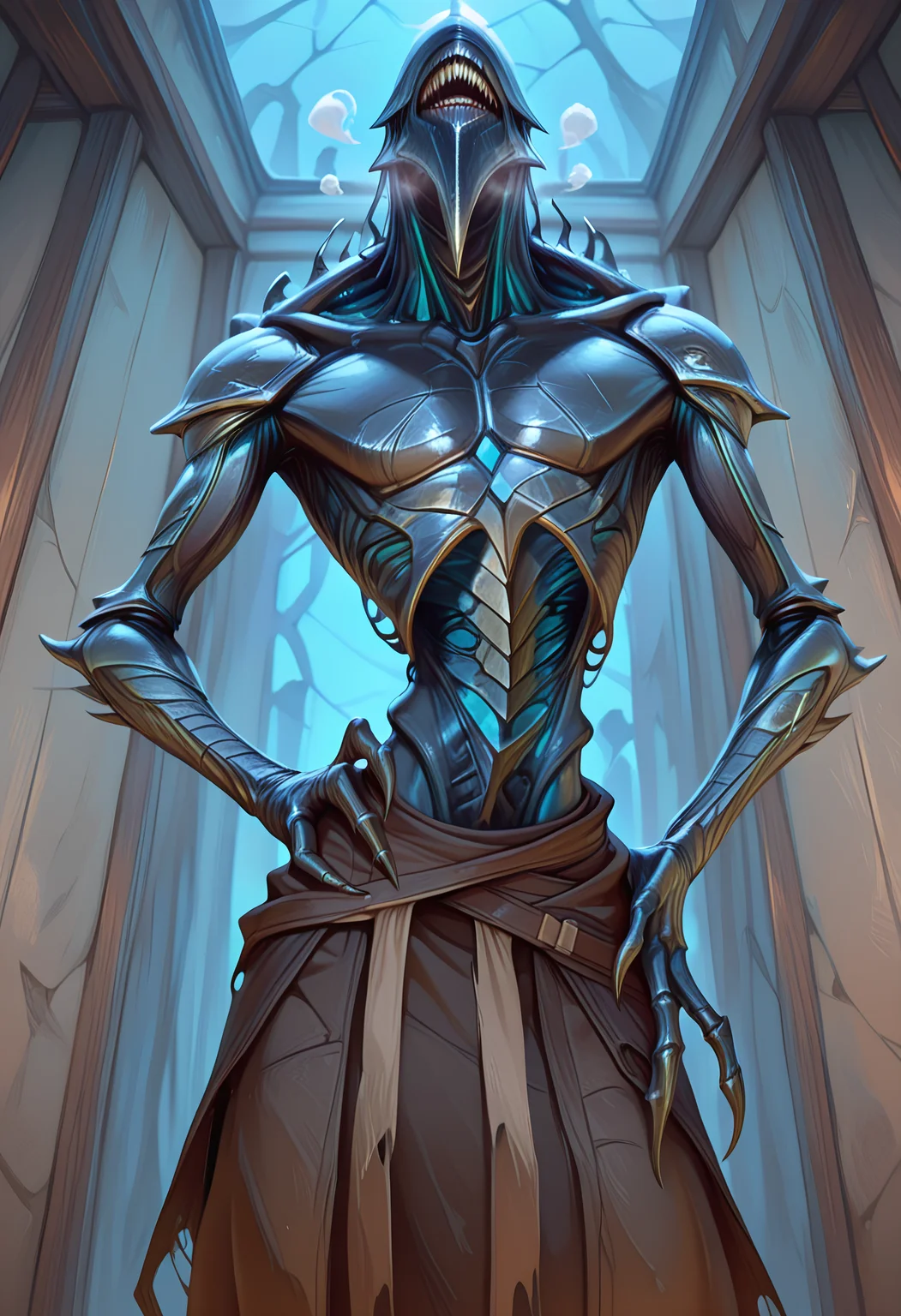 1boy, male, masterpiece, best quality, amazing quality, JinGitaxiasMTG, phyrexian, armored skin, eyeless, solo, monster, standing, eyeless, sharp teeth, claws, heavy breathing, looming, slim body, pectoral focus, hand on hips, looking at viewer