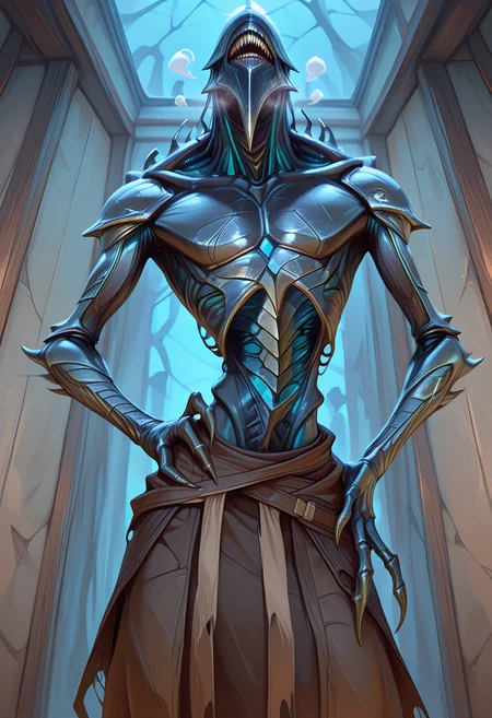1boy, male, masterpiece, best quality, amazing quality, JinGitaxiasMTG, phyrexian, armored skin, eyeless, solo, monster, standing, eyeless, sharp teeth, claws, heavy breathing, looming, slim body, pectoral focus, hand on hips, looking at viewer